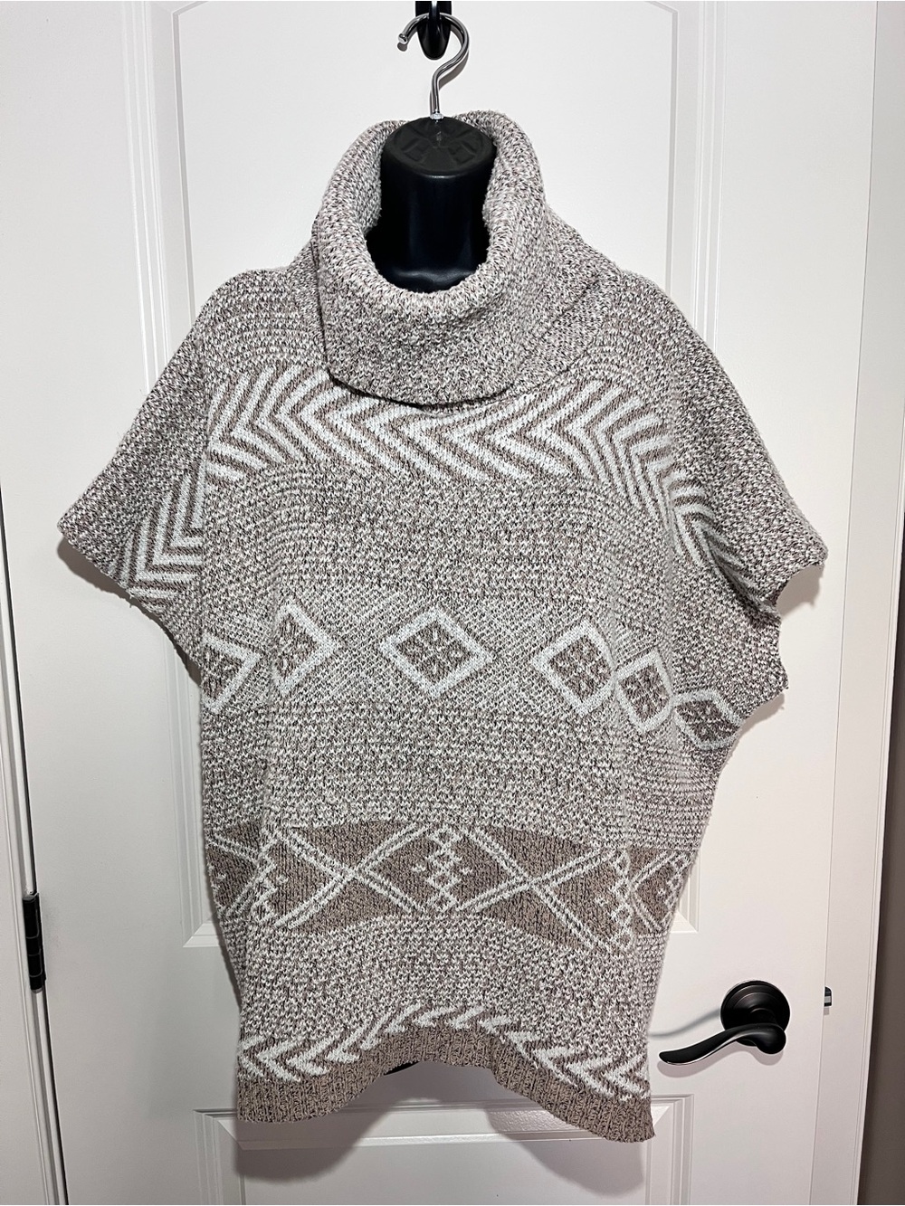 Belle Dame Oversized Cozy Taupe and Cream Turtleneck Poncho Sweater